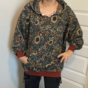 NATURAL LIFE Sunflower Pattern Hoodie - Green and Rust